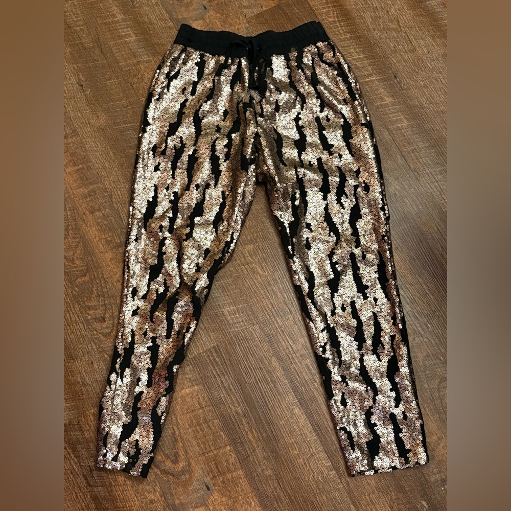 Hei Hei Anthropologie Sequin Drawstring Pants Joggers Gold & Black Women's XS